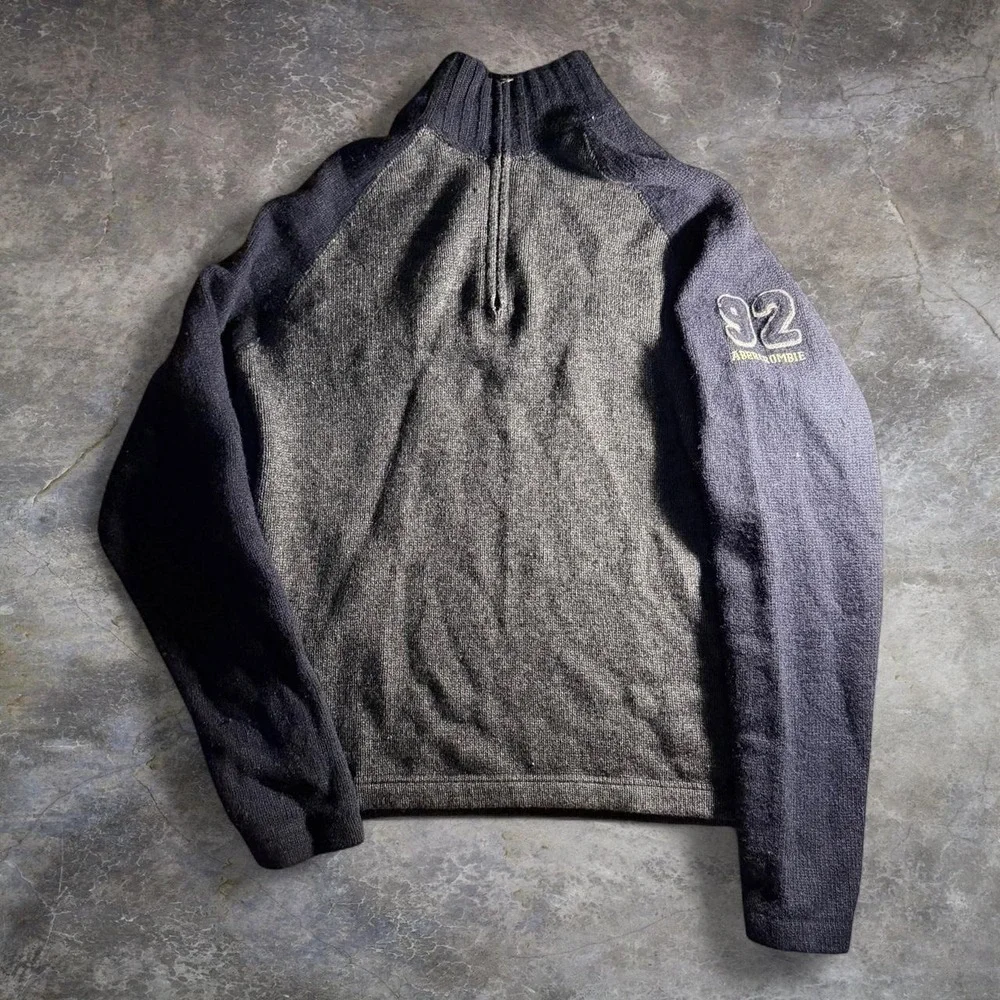 Vintage Abercrombie & Fitch 90s Quarter Zip Wool Blend Sweater Grey Black XL